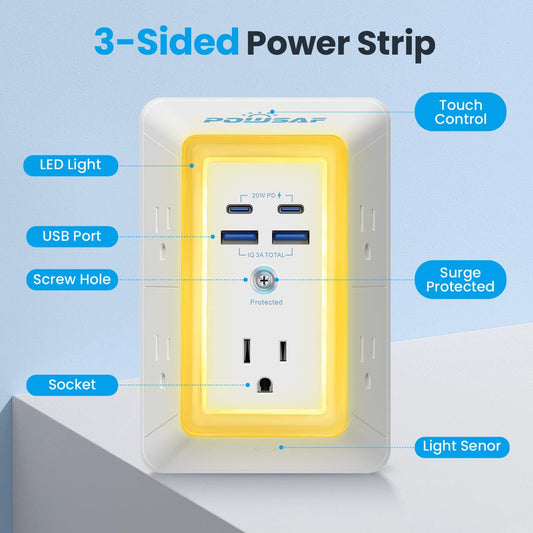 Multi Plug Wall Outlet with Night Light & 20W PD Fast Charging
