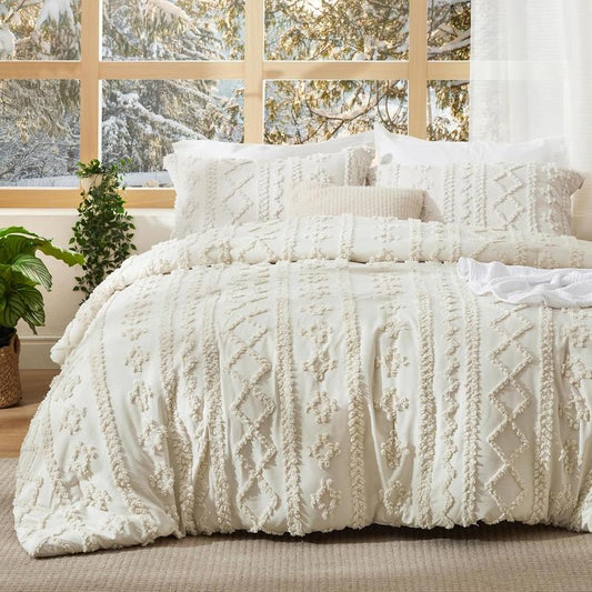 Tufted Boho Comforter Set, Soft Queen Bedding for All Seasons